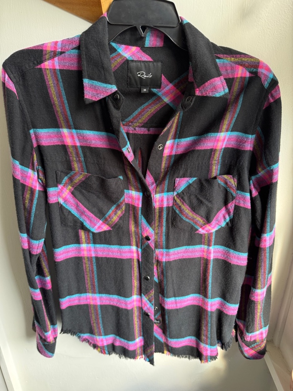 Rails Black Plaid Shirt with Pink & Teal Stripes